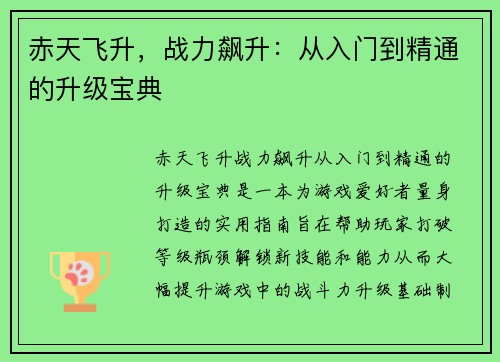 赤天飞升，战力飙升：从入门到精通的升级宝典